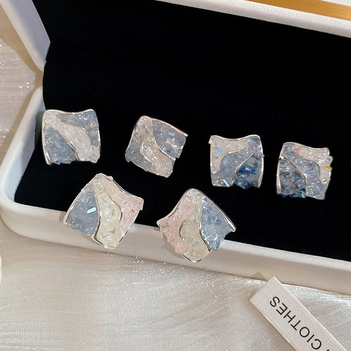 Blue Gradient Faux Crystal Rhombus Stud Earrings With Silver Pins, Elegant Minimalist Modern Jewelry