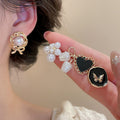 French Vintage Faux Pearl Heart Flower Enamel Stud Earrings Jewelry Set With Silver Pins view 2