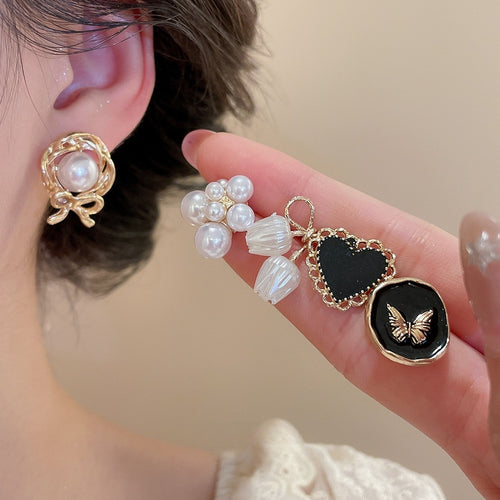 French Vintage Faux Pearl Heart Flower Enamel Stud Earrings Jewelry Set With Silver Pins