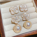 Faux Pearl Floral Stud Earrings Jewelry Set With Silver Pins, Vintage OL Light Luxury Style view 3