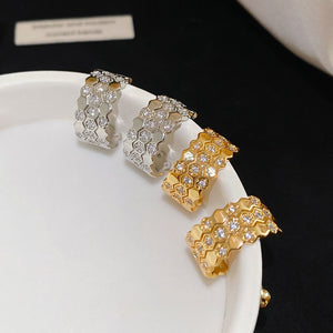 18K Gold Plated Copper C Shape Zircon Hexagon Stud Earrings With Silver Pins