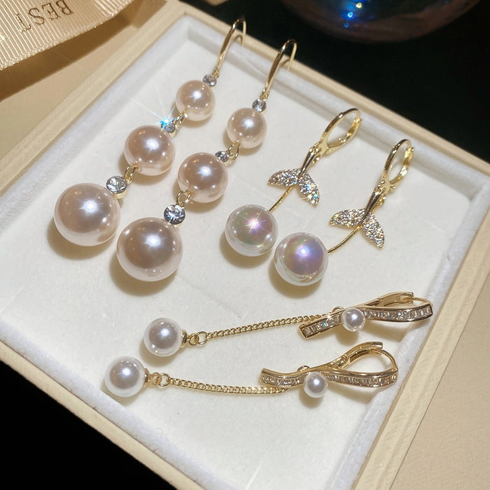 18K Gold Plated Zircon Faux Pearl Fishtail Geometric Earrings For Playful Daily Wear