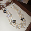 French Vintage Old Money Enamel Flower Faux Pearl Sweater Necklace For Women view 4