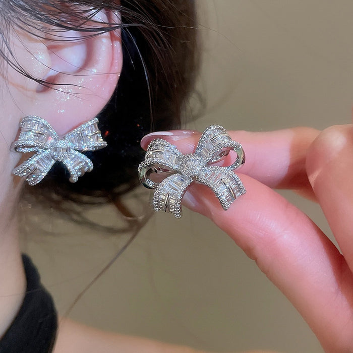 Light Luxury Copper Zircon Bow Stud Earrings For Women Daily Commute Jewelry