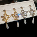 18K Gold Plated Silver Post Floral Rhinestone Faux Pearl Stud Earrings, French Vintage Elegant Jewelry view 4