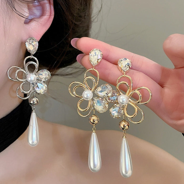 18K Gold Plated Silver Post Floral Rhinestone Faux Pearl Stud Earrings, French Vintage Elegant Jewelry