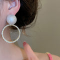 Vintage French Hollow Round Faux Pearl Stud Earrings With Rhinestone Silver Needle Geometric Design view 3