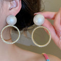Vintage French Hollow Round Faux Pearl Stud Earrings With Rhinestone Silver Needle Geometric Design view 1