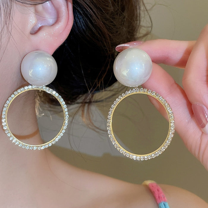 Vintage French Hollow Round Faux Pearl Stud Earrings With Rhinestone Silver Needle Geometric Design