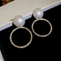 Vintage French Hollow Round Faux Pearl Stud Earrings With Rhinestone Silver Needle Geometric Design view 2