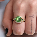 Gold Tone Green Emerald Cut Halo Ring In A Polished Decorative Design view 2