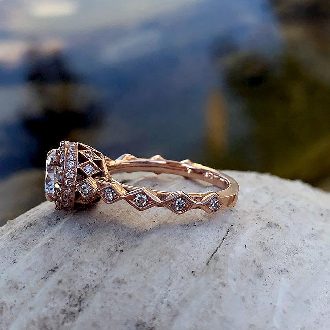 Rose Gold Tone Round Halo Ring with Openwork Band Design