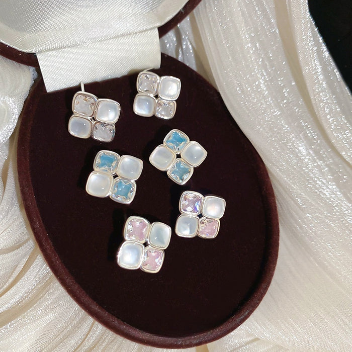 Light Luxury Resin Rhombus Zircon Stud Earrings With Silver Pins, Fresh Sweet Commuter Style