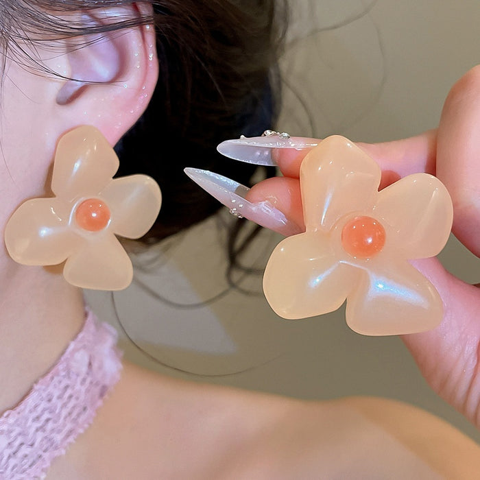 Coffee Brown Resin Flower Stud Earrings With Silver Pins, Elegant Light Luxury OL Style