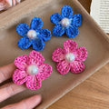 Raffia Flower Faux Pearl Stud Earrings Elegant Beach Vacation Style Silver Needle Jewelry view 4