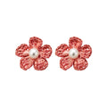 Raffia Flower Faux Pearl Stud Earrings Elegant Beach Vacation Style Silver Needle Jewelry view 5
