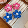 Raffia Flower Faux Pearl Stud Earrings Elegant Beach Vacation Style Silver Needle Jewelry view 2