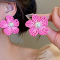 Raffia Flower Faux Pearl Stud Earrings Elegant Beach Vacation Style Silver Needle Jewelry view 3