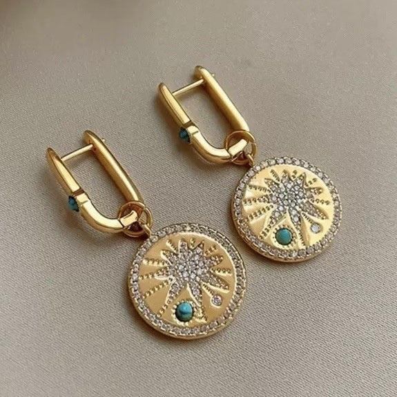 18K Gold Plated Zircon Round Starburst Earrings Vintage Geometric Metal Ear Cuffs