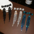 Copper Rhinestone Bow Tassel Drop Earrings, European American Statement Stud Style view 2