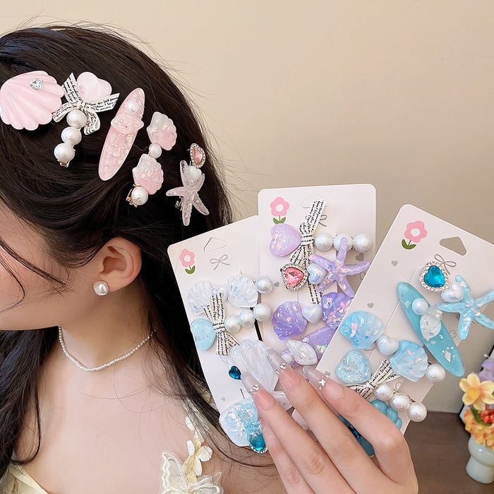 Rhinestone Shell Starfish Faux Pearl Hair Clip Jewelry Set Vacation Style Duckbill Hair Accessories