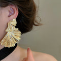 Metal Wrinkled Texture Leaf Stud Earrings For Women European American Statement Jewelry view 3
