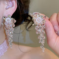 Floral Artificial Crystal Beaded Tassel Drop Earrings Silver Needle Statement Niche Luxury Style view 3