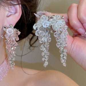 Floral Artificial Crystal Beaded Tassel Drop Earrings Silver Needle Statement Niche Luxury Style