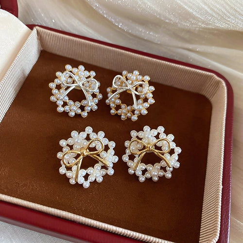 14K Gold Plated Silver Post Bow Faux Pearl Stud Earrings Elegant Light Luxury Jewelry
