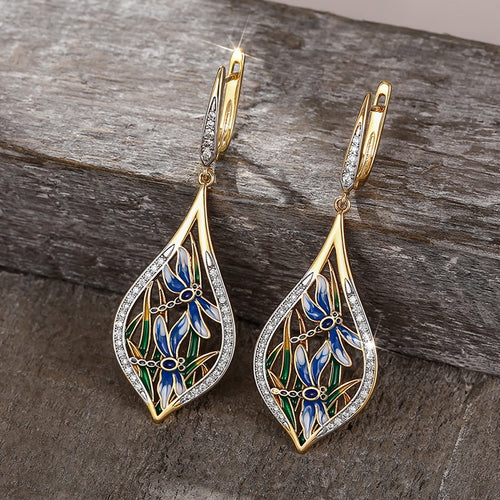 Pastoral Dragonfly Drop Earrings With Enamel Leaf Design, Fresh Vacation Style Jewelry For Women