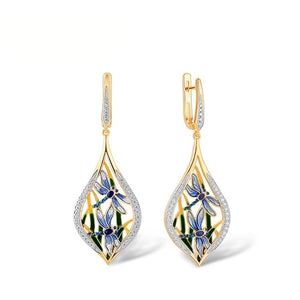 Pastoral Dragonfly Drop Earrings With Enamel Leaf Design, Fresh Vacation Style Jewelry For Women