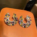 Luxury C Shape Double Layer Oval Rhinestone Stud Earrings, Court Style Banquet Jewelry For Women view 2