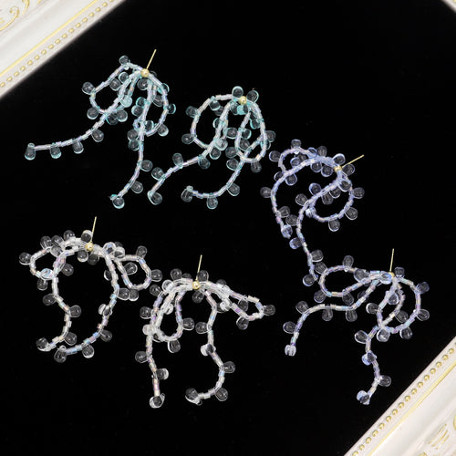 Elegant Crystal Beaded Flower Tassel Drop Summer Beach Vacation Bohemian Statement Earrings