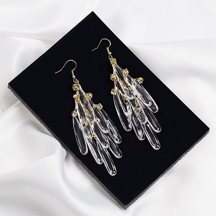 Luxury Statement Long Transparent Crystal Tassel Alloy Rhinestone Drop Dangle Earrings