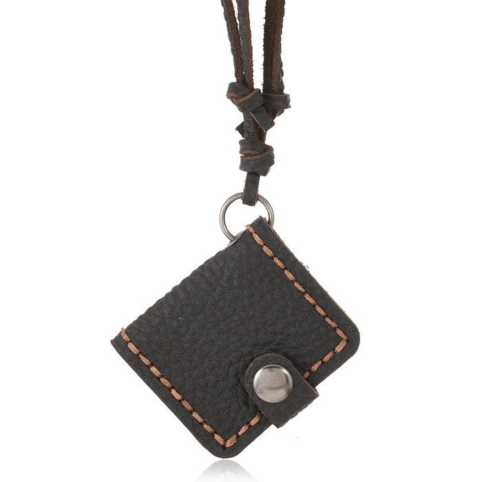 Vintage Leather Photo Locket Pendant Necklace For Women Long Sweater Chain Niche Design Accessory