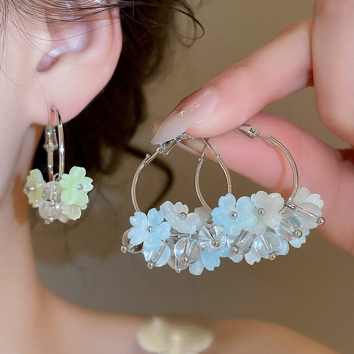 Blue White Gradient Resin Flower Hoop Earrings Light Luxury Vacation Sweet Fresh Style