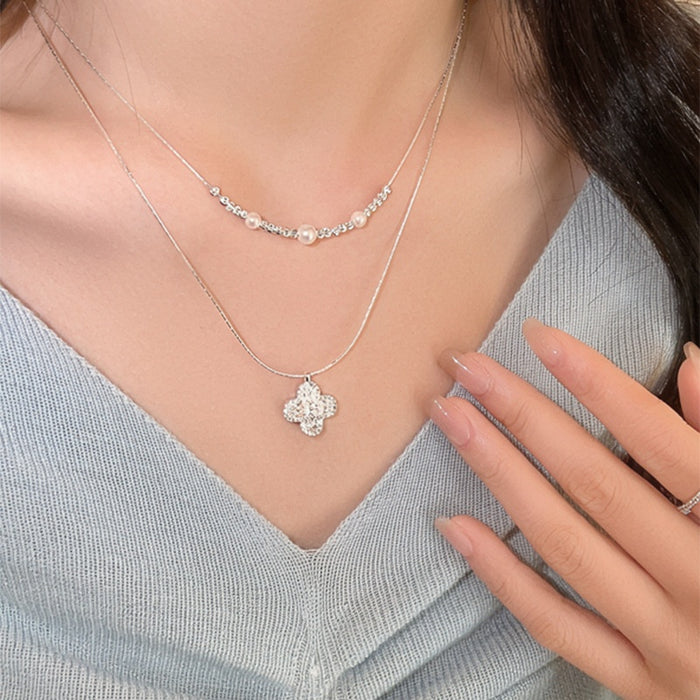 French Minimalist Faux Pearl Crushed Silver Geometric Round Choker Necklace For Women