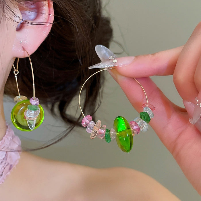 Forest Style Faux Crystal Beaded Round Hoop Earrings Geometric Sweet Fresh Chic Jewelry