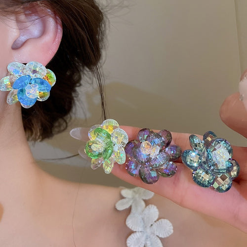 Colorful Artificial Crystal Flower Stud Earrings With Silver Pins Sweet Fashion OL Jewelry