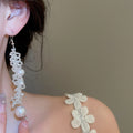 French Vintage Faux Pearl Crystal Beaded Flower Lace Earrings Necklace Jewelry Set For Women view 3