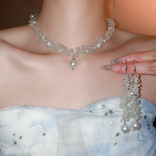 French Vintage Faux Pearl Crystal Beaded Flower Lace Earrings Necklace Jewelry Set For Women