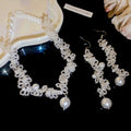 French Vintage Faux Pearl Crystal Beaded Flower Lace Earrings Necklace Jewelry Set For Women view 2