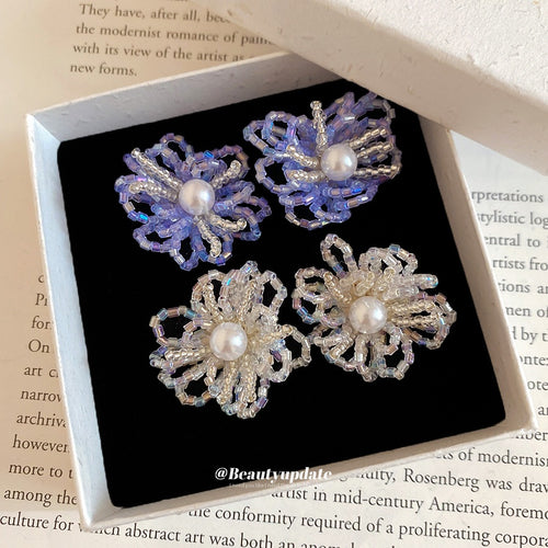 Silver Needle Artificial Crystal Beaded Flower Stud Earrings Elegant Beach Vacation Style Floral Jewelry