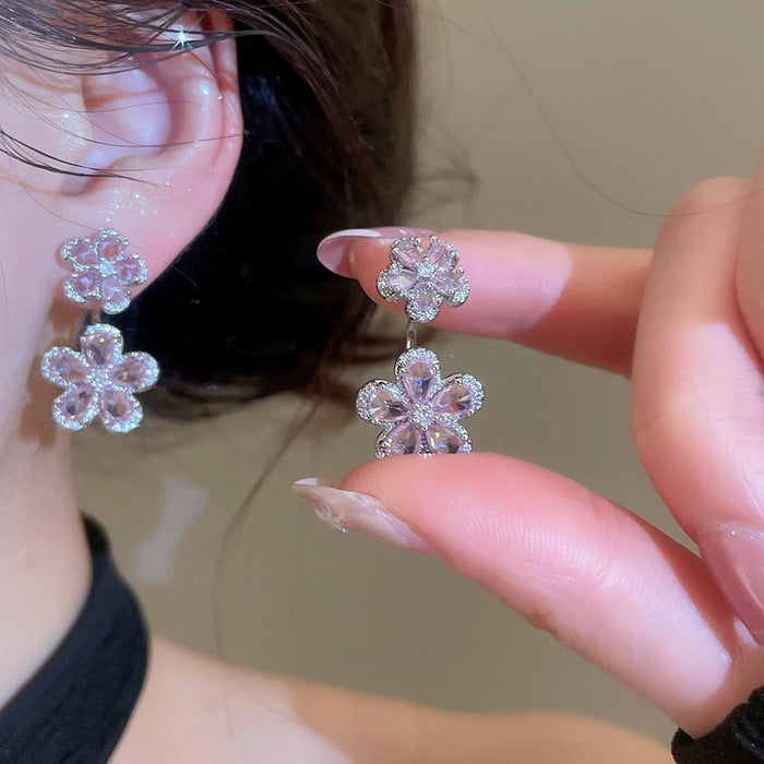 Copper Zircon Flower U-Shaped Stud Earrings Korean Sweet Elegant Light Luxury Jewelry for Women