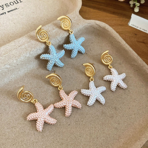 18K Gold Plated Shell Starfish Stud Earrings With Silver Posts Beach Vacation Style Jewelry