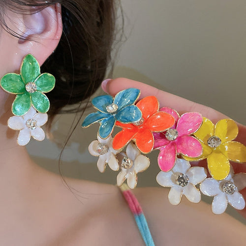 Alloy Rhinestone Enamel Flower Stud Earrings, Colorful Beach Vacation Statement Style