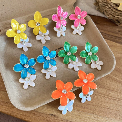 Alloy Rhinestone Enamel Flower Stud Earrings, Colorful Beach Vacation Statement Style