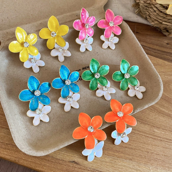 Alloy Rhinestone Enamel Flower Stud Earrings, Colorful Beach Vacation Statement Style