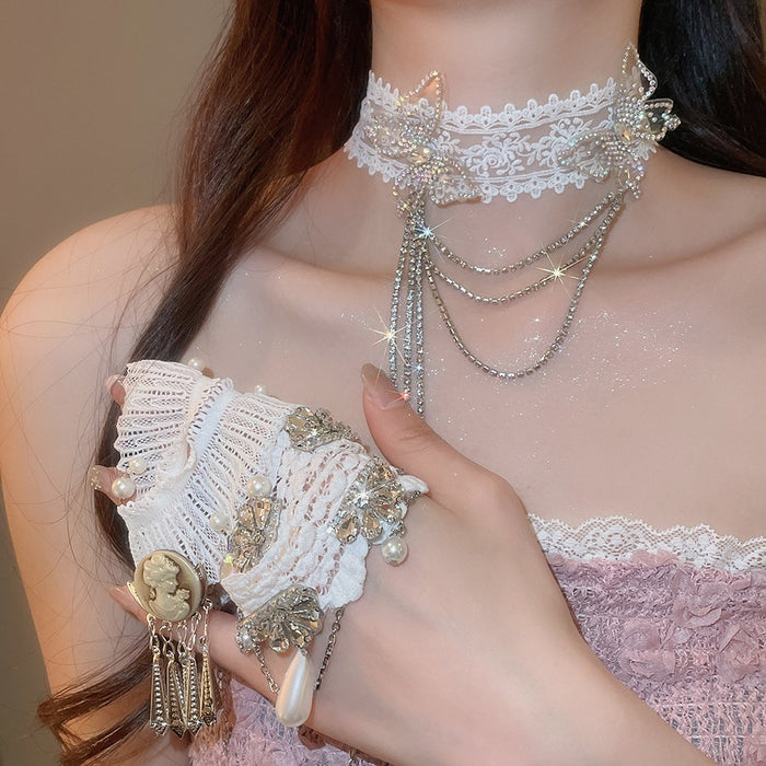 French Lace Rhinestone Faux Pearl Teardrop Choker Necklace Elegant Light Luxury Collarbone Jewelry