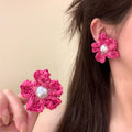Romantic Island Raffia Flower Faux Pearl Stud Earrings With Silver Posts Resort Style Jewelry view 3